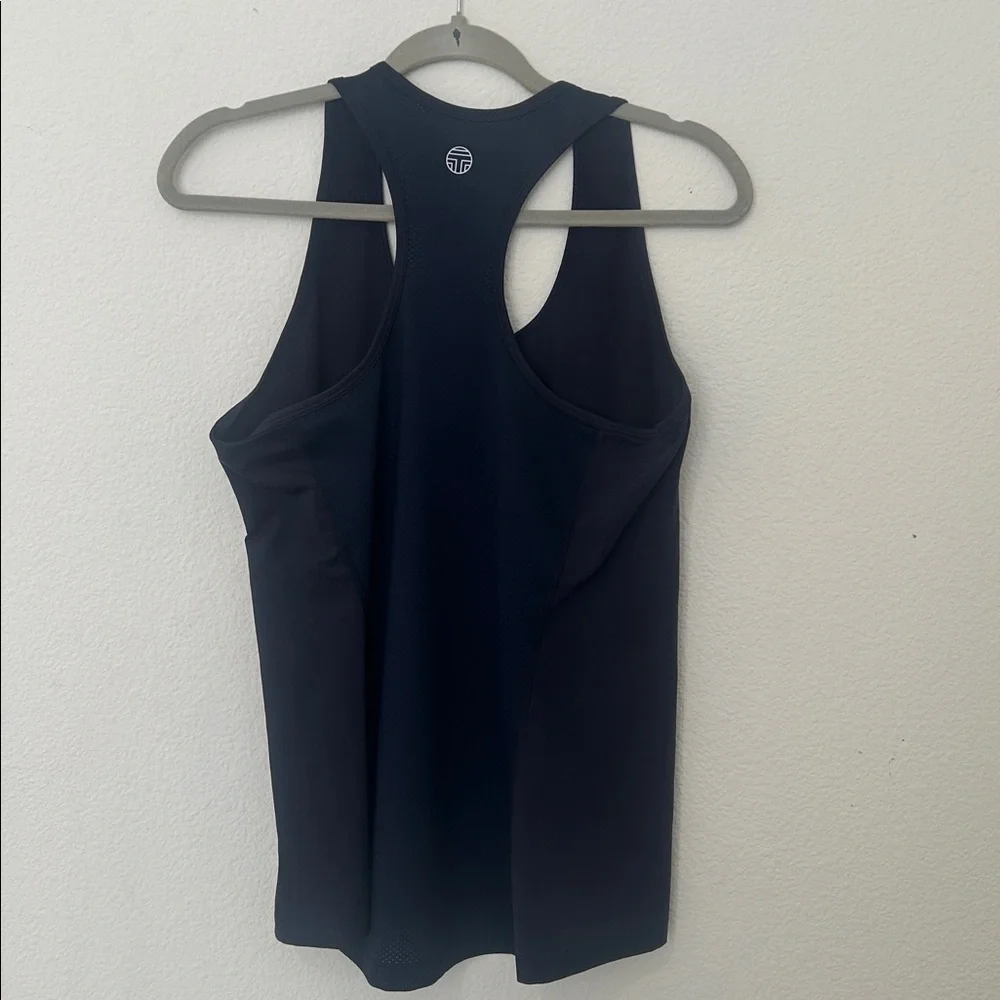 Tory Burch Navy Blue Racerback Tank with Red, Pink & White Logo Stripes - Picture 4 of 5